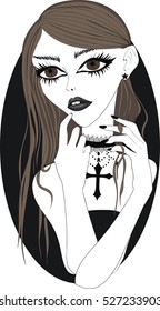 Cartoon goth girl with long brown hair and big brown eyes - Elegant Gothic lady - Vector art