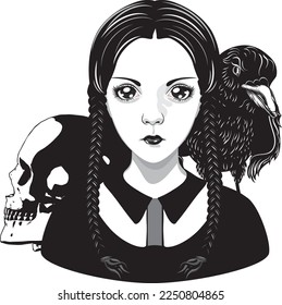 Cartoon gothic girl with black hair in two braids and skull illustration.