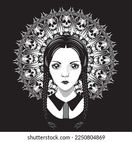 Cartoon gothic girl with black hair in two braids and skull illustration.