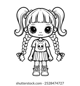 Cartoon Gothic Girl with Pigtails Line Art for Coloring. Kawaii Girl in Skull Shirt Coloring Page Design