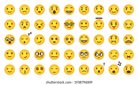 Cartoon gradient cute emoji set. Vector flat comic yellow emoticon character collection isolated on white. Mood and facial smiles. Funny, angry, happy and sad faces web icons for chat message