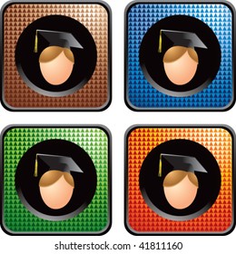 cartoon graduate boy on multicolored checkered web button
