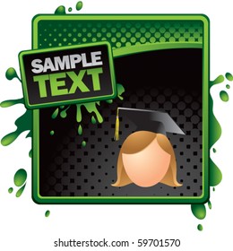 cartoon graduate girl green and black halftone grungy ad