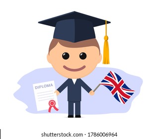 Cartoon graduate with graduation cap holding diploma and flag of the UK. Vector illustration