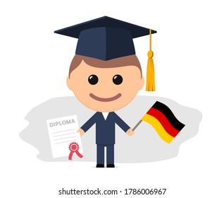 Cartoon-Absolventin mit Graduierungsobergrenze mit Diplom und Flagge von Deutschland. Vektorgrafik