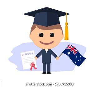 Cartoon graduate with graduation cap holding diploma and flag of Australia. Vector illustration