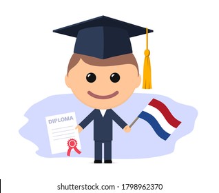 Cartoon graduate with graduation cap holding diploma and flag of the Netherlands. Vector illustration