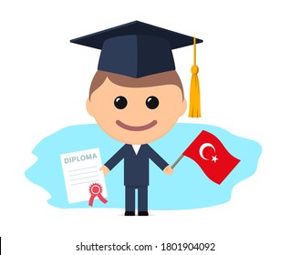 Cartoon graduate with graduation cap holding diploma and flag of Turkey. Vector illustration