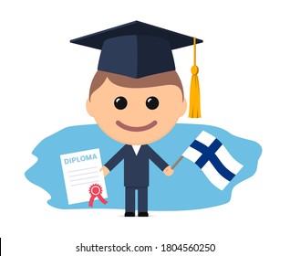 Cartoon graduate with graduation cap holding diploma and flag of Finland. Vector illustration