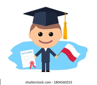 Cartoon graduate with graduation cap holding diploma and flag of Poland. Vector illustration