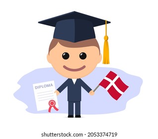 Cartoon Graduate With Graduation Cap Holding Diploma And Flag Of Denmark. Vector Illustration