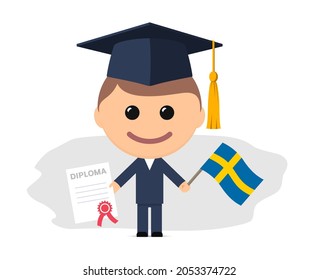 Cartoon graduate with graduation cap holding diploma and flag of Sweden. Vector illustration