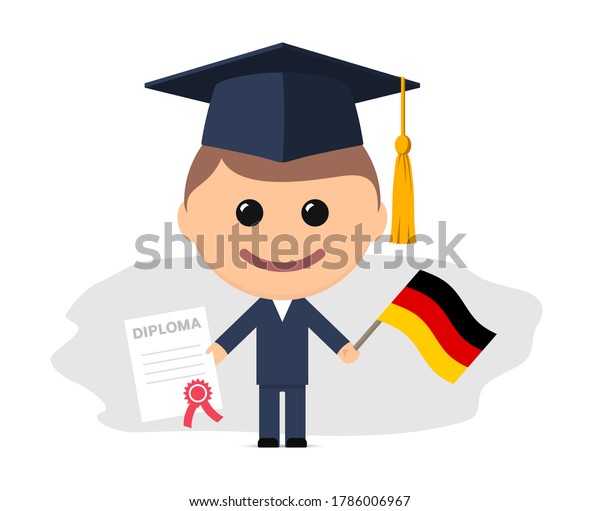 Cartoon graduate with graduation cap holding diploma and flag of Germany. Vector illustration
