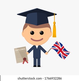 Cartoon graduate with graduation cap holds diploma and flag of the United Kingdom. Vector illustration