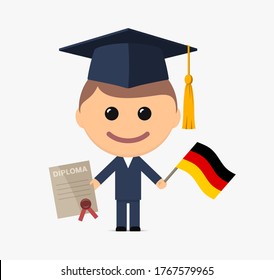 Cartoon graduate with graduation cap holds diploma and flag of Germany. Vector illustration