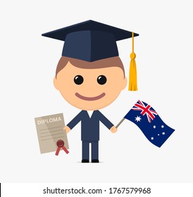 Cartoon graduate with graduation cap holds diploma and flag of Australia. Vector illustration