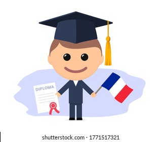 Cartoon graduate with graduation cap holds diploma and flag of France. Vector illustration