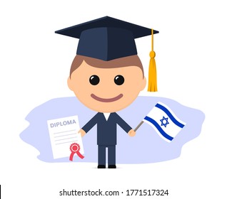 Cartoon graduate with graduation cap holds diploma and flag of Israel. Vector illustration