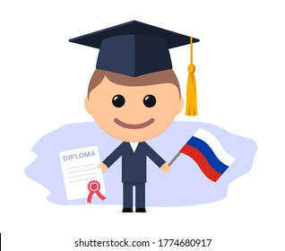 Cartoon graduate with graduation cap holds diploma and flag of Russia. Vector illustration