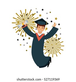 cartoon graduate happy man jumping icon over white background. colorful design. vector illustration