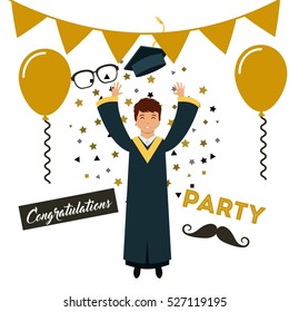 cartoon graduate man with celebration decoration icons over white background. colorful design. vector illustration