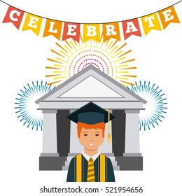 cartoon graduate man with decorative pennants and fireworks over white background. colorful design. vector illustration
