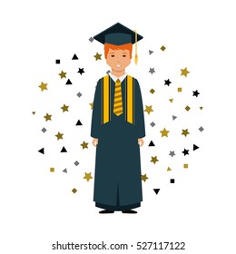 cartoon graduate man with graduation gown and hat over white background. colorful design. vector illustration