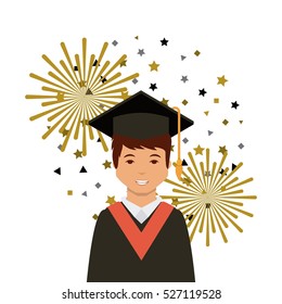 cartoon graduate man with graduation gown and hat icon over white background. colorful design. vector illustration