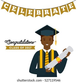 cartoon graduate man holding a diploma icon over white background. colorful design. class of 2017 concept. vector illustration