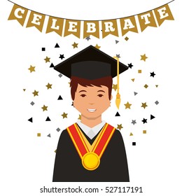 cartoon graduate man smiling with graduation gown and hat icon over white background. colorful design. vector illustration
