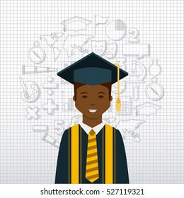 cartoon graduate man smiling with  graduation gown and hat icon over white background. colorful design. vector illustration