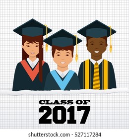 cartoon graduate people with graduation gown and hat. class of 2017 concept. colorful design. vector illustration