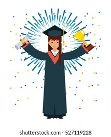 cartoon graduate woman holding a trophy and diploma icon over white background. colorful design. vector illustration