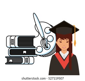 cartoon graduate woman with  stack of books and paint palette  icon over white background. colorful design. vector illustration