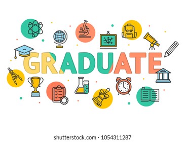 Cartoon Graduated Concept Card Poster Paper Art Design with Outline Icons Include of Book, Student Cap, Blackboard and Certificate. Vector illustration