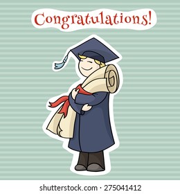 Cartoon graduating man with diploma with red ribbon. Happy cute boy on graduation day in gown and hat holding certificate. Hand-drawn vector illustration with text on blue background.