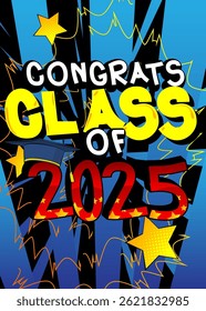 Cartoon Graduation 2025, comic book Education Celebration. Retro vector comics pop art design.