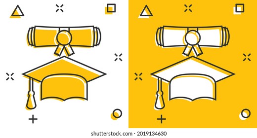 Cartoon graduation cap and diploma scroll icon in comic style. Education illustration pictogram. Celebration sign splash business concept.