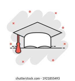 Cartoon graduation cap icon in comic style. Finish education sign illustration pictogram. Education business concept.