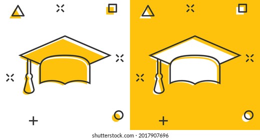 Cartoon graduation cap icon in comic style. Finish education sign illustration pictogram. Education business concept.