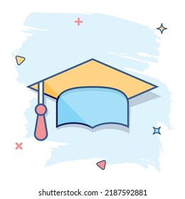 Cartoon graduation cap icon in comic style. Finish education sign illustration pictogram. Education business concept.