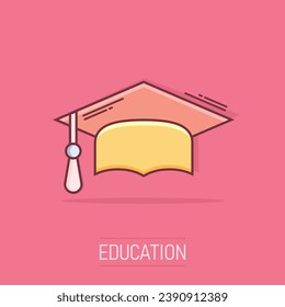 Cartoon graduation cap icon in comic style. Finish education sign illustration pictogram. Education business concept.