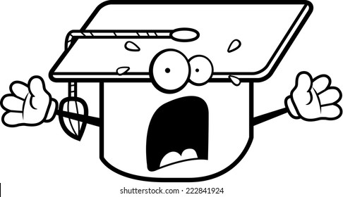 A cartoon graduation cap with a scared expression.
