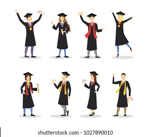 Cartoon Graduation of Happy Students Set Education Concept Element Flat Design Style. Vector illustration of Icon Student People