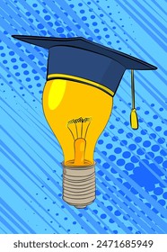 Cartoon Graduation hat on a Light Bulb, comic book Education. Retro vector comics pop art design.