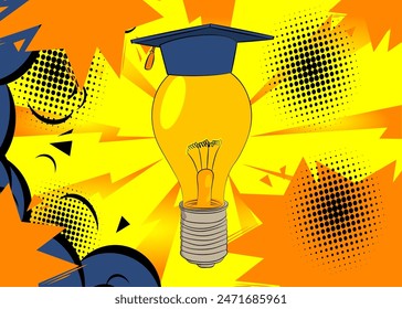 Cartoon Graduation hat on a Light Bulb, comic book Education. Retro vector comics pop art design.