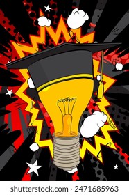 Cartoon Graduation hat on a Light Bulb, comic book Education. Retro vector comics pop art design.