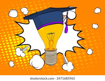 Sombrero de graduación de dibujos animados en una bombilla, Educación de cómic. Cómics de Vector retro diseño de arte pop.