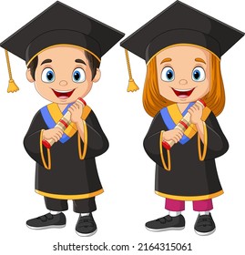 Cartoon Graduation Kids Holding A Diploma