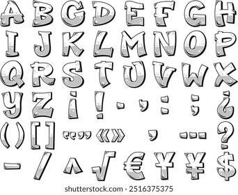 Cartoon graffiti letters. Full uppercase alphabet, punctuation and math symbols, currency symbols. Vector bundle with each image on a separate layer.